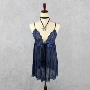Mid 2010s Victoria’s Secret Navy Blue Sheer Lace Bust Babydoll Slip Dress